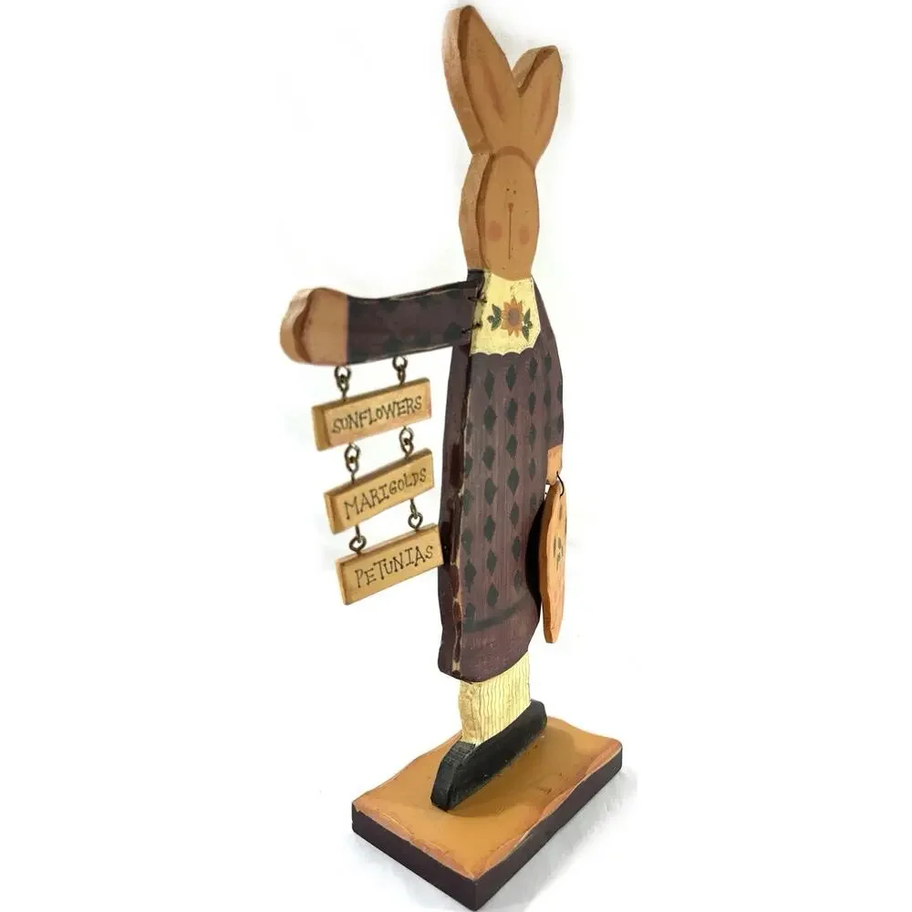 Hand Painted Wooden Bunny Figurine 14” Folk Art Rabbit Sunflower Primitive Decor
